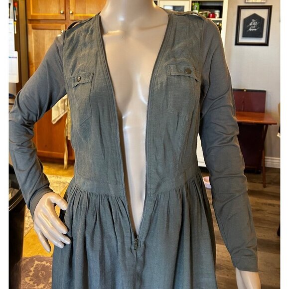 Olive Green Women's Y2K Trendy Mini Long Sleeve V-Neck Dress W/Front Pockets - Picture 13 of 13